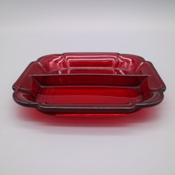 Vintage Mid Century Ruby Red Glass Square Divided Plate Server - Picture 3 of 6